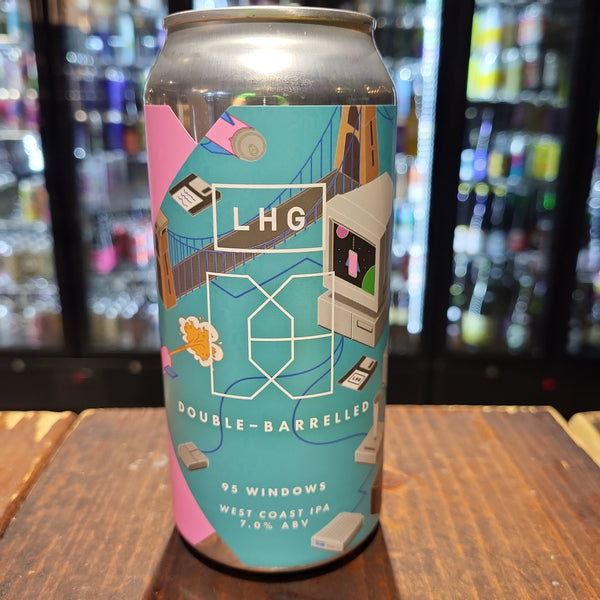 Double-Barrelled X LHG - 95 Windows, West Coast IPA, 7% ABV, 440ml.  Collab with our friends at Left Handed Giant. Beautifully clean, crisp and bitter, with Citra and Centennial bringing bright citrus and fresh floral notes. Rounded out the hop bill with a generous helping of Simcoe for a deliciously sticky, resinous finish.