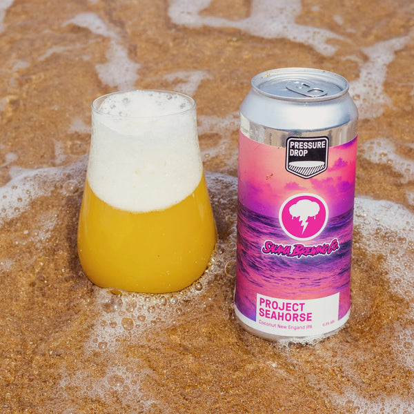 Pressure Drop - Project Seahorse, Coconut NEIPA, 6.8% ABV, 440ml.  Sabro & Bru-1 hops make the ultimate tropical duo, bringing big passionfruit and pineapple notes to this hazy IPA. We’ve also added loads of toasted coconut for a desert island team! 
Brewed in collaboration with Finland’s Salama Brewing Co.
