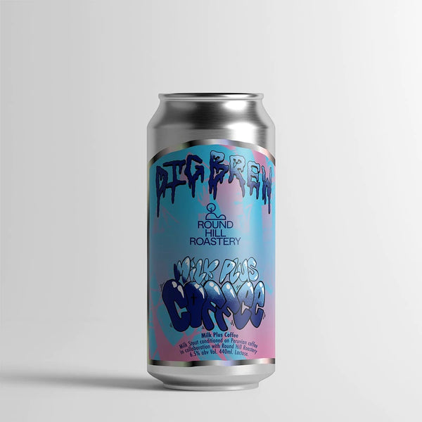 Dig Brew - Milk Plus Coffee, Milk Stout, 6.5% ABV, 440ml.  Our milk stout made with a blend of roasted malts, sugars and lactose. Conditioned cold on whole bean Peruvian coffee from Estrella Divina from Round Hill Coffee Roasters in Bath.