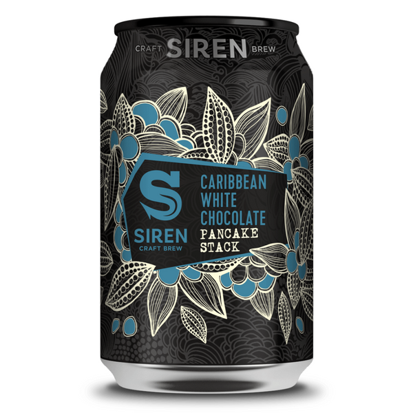 Siren - Caribbean White Chocolate Pancake Stack. Tropical White Stout with Cacao & Maple, 7.4% ABV, 330ml.  An extravagant new spin on Caribbean Chocolate Cake, one of our all-time favourite beers, brewed in collaboration with Cigar City Brewing. We’re layering sweet and sticky maple notes with a generous helping of cacao and a dusting of spices.