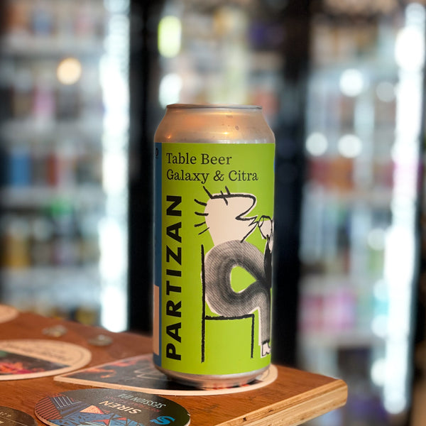 Partizan - Table Beer Galaxy & Citra, 3% ABV, 440ml.  Galaxy and Citra, two of our favourite hops come together here celebrating harvests from both sides of the equator in a lower ABV IPA style beer. Loads of oats and wheat for mouthfeel and a new England yeast help to provide a soft mouthfeel full of stone fruit and citrus.