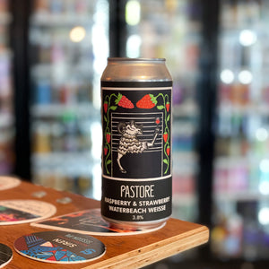 Pastore - Raspberry & Strawberry Waterbeach Weisse, 3.8% ABV, 440ml.  A mixed culture berliner weisse style sour beer conditioned on raspberries and strawberries.