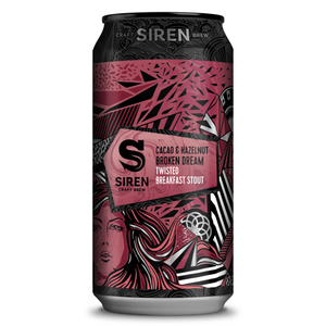 Siren - Cacao & Hazelnut Broken Dream, Twisted Breakfast Stout, 6.5% ABV, 440ml.  An indulgence of chocolate and speciality malts, Broken Dream is smooth, unctuous and moreish. It's brewed with milk sugar for balance and mouthfeel, along with carefully selected espresso. As a special one-off, we've taken it a step further here, spinning the beer on cacao nibs and hazelnut for a delicious praline twist.