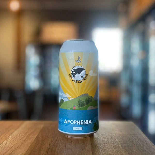 Lost & Grounded - Apophenia, Tripel, 8.8% ABV, 440ml.  Belgian brewing traditions are one of the original inspirations for us, and Apophenia showcases our love for these beers. The strongest of our core range: ABV expertly hidden with a touch of hops, orange peel and coriander to balance it all out.  Unfiltered and vegan friendly.