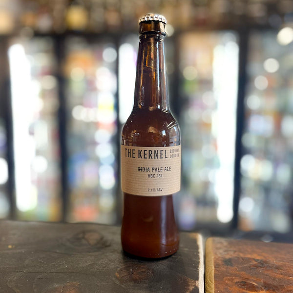 The Kernel - HBC 431, IPA, 7.1% ABV, 330ml. Malted barley. Stronger, fuller, and with more hop intensity than the pale ale, but aiming to keep all elements in balance. And as with the pales, hops change from batch to batch.