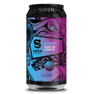 Siren - Futurist, Gluten free Session IPA, 4.8% ABV, 440ml.  Futurist is a gluten free beer that packs a punch! Expect aromas of grapefruit, citrus, tropical fruits and pine along with subtle orange flavours. A hint of vanilla sweetness rounds out a soft, moreish mouthfeel.